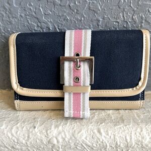 Adorable Navy Vachetta Trim Buckle Wallet Clutch With Pink White Striped Design